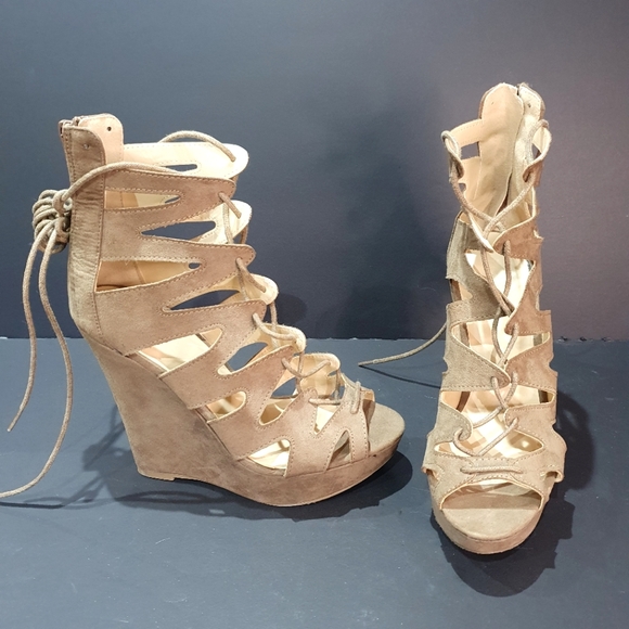 New Charlotte Russe Lace Up Suede Beige Platform Wedge Heels - Picture 2 of 4